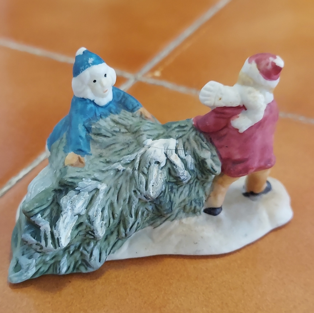 Kids Pulling Tree Christmas Village Figurine